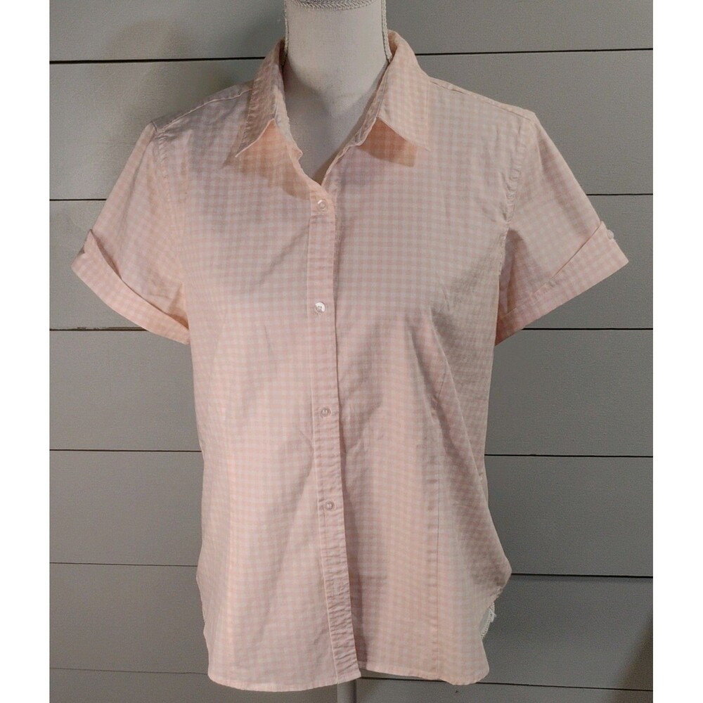 Liz Claiborne Pink Gingham Preppy/Classic/Barbie tailored Short Sleeve Blouse L